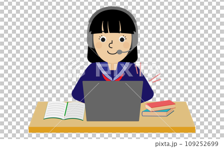 ヘッドホンを着用してオンラインで会話をしているセーラー服の女子中高生の正面画 ヘッドホンを着用してオンラインで会話をしているセーラー服の女子中高生の正面画 109252699