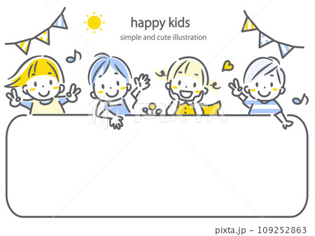 元気な子どもたちのフレーム　シンプルでかわいい線画イラスト 109252863