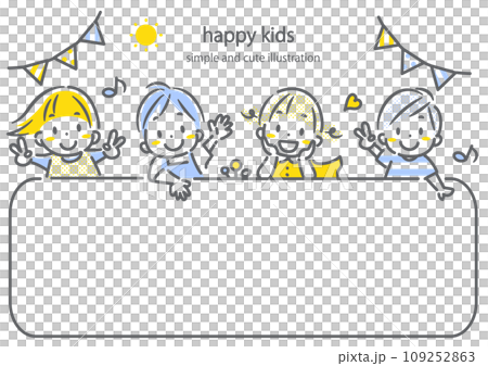 元気な子どもたちのフレーム　シンプルでかわいい線画イラスト 109252863