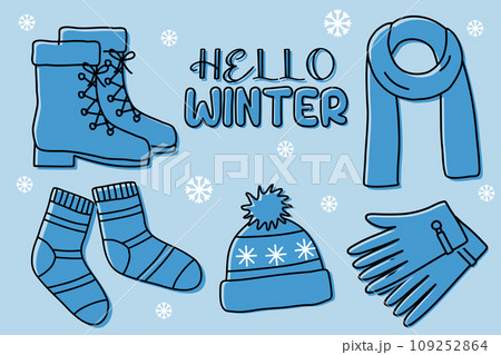 Monochrome set of lace up boots, scarf, socks, hat and gloves, warm winter accessory, flat vector 109252864