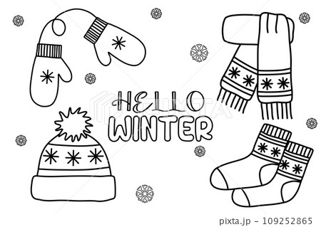Warm winter accessory set mittens, hat, scarf and socks, doodle vector outline for coloring book Warm winter accessory set mittens, hat, scarf and socks, doodle vector outline for coloring book 109252865