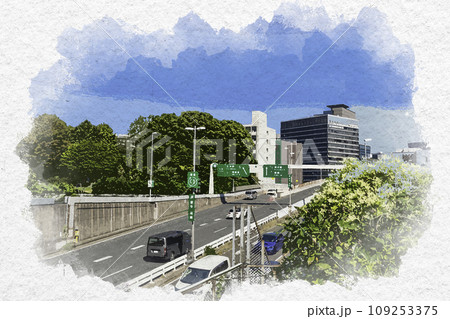 水彩画風 東京北の丸公園 首都高速都心環状線 竹橋JCT 東京都千代田区 水彩画風 東京北の丸公園 首都高速都心環状線 竹橋JCT 東京都千代田区 109253375