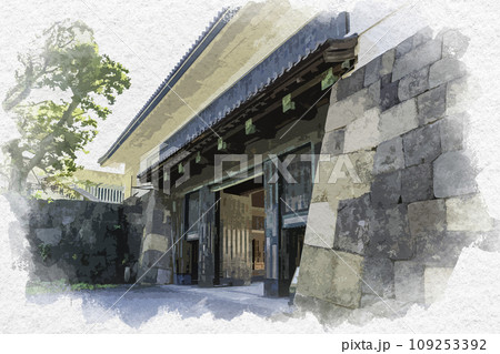 水彩画風　東京皇居外苑　田安門　東京都千代田区 109253392