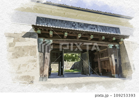 水彩画風　東京皇居外苑　田安門　東京都千代田区 109253393