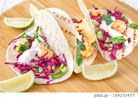 Shrimp red cabbage tacos 109253477