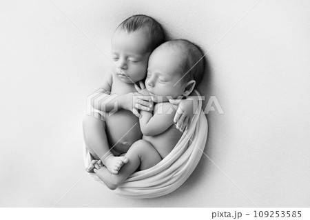 Tiny newborn twins boys in white cocoons on a white background. A newborn twin sleeps next to his brother. Newborn two twins boys hugging each other. Professional studio photography. Black and white Tiny newborn twins boys in white cocoons on a white background. A newborn twin sleeps next to his brother. Newborn two twins boys hugging each other. Professional studio photography. Black and white 109253585