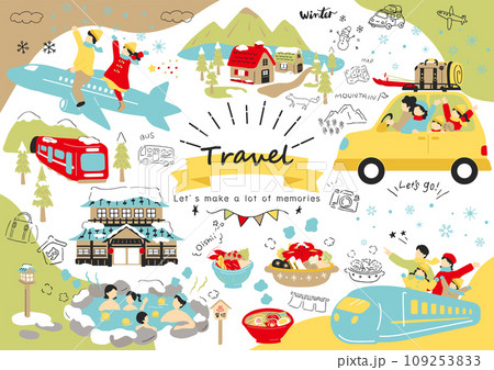 乗り物で冬の旅行を楽しむ人達 109253833