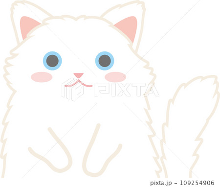 長毛白猫_猫のイラスト_ニャンコ_白猫長毛種_お手々をお腹に当てた白猫長毛種 109254906
