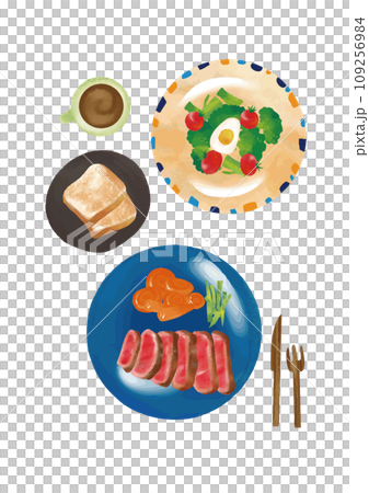 水彩風格西餐（牛排、麵包、沙拉、咖啡）套裝【透明背景】 109256984