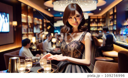 日本人のキャバ嬢がドレスで接客をする様子 109256996