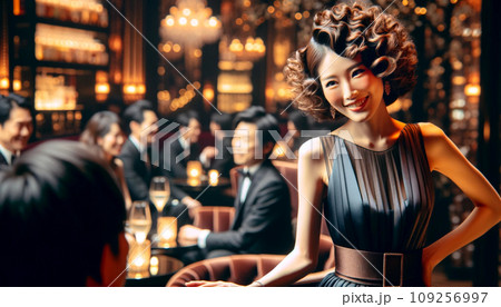 日本人のキャバ嬢がドレスで接客をする様子 日本人のキャバ嬢がドレスで接客をする様子 109256997