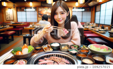 日本人の可愛い女性が焼肉を食べている様子 日本人の可愛い女性が焼肉を食べている様子 109257015