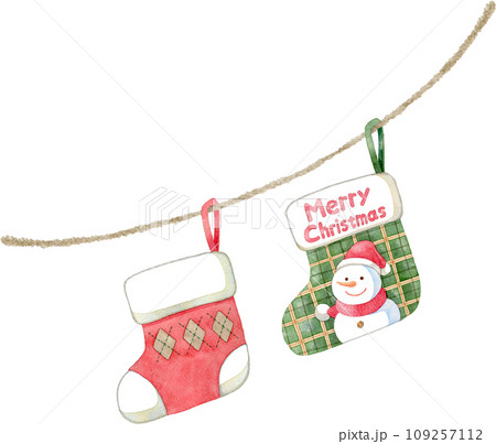 斜めに吊るしたクリスマス靴下の水彩イラスト 斜めに吊るしたクリスマス靴下の水彩イラスト 109257112