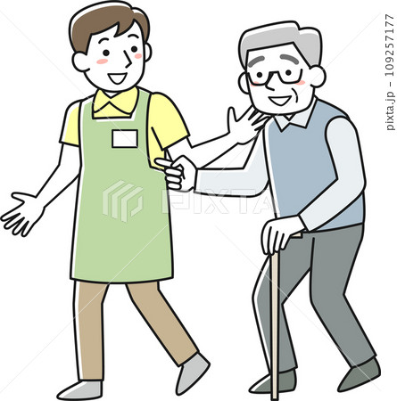 杖をついて歩くシニア男性と付き添う介護職員 杖をついて歩くシニア男性と付き添う介護職員 109257177