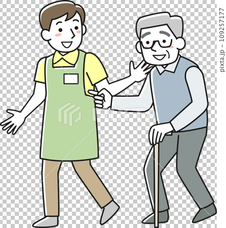 A senior man walking with a cane and a care worker accompanying him 109257177