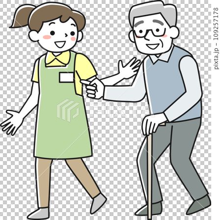 一名拄著拐杖行走的老人和一名護工陪同 一名拄著拐杖行走的老人和一名護工陪同 109257178