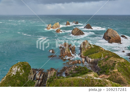 Coastal seaside landscape with cliffs, Nugget Point, New Zealand 109257281