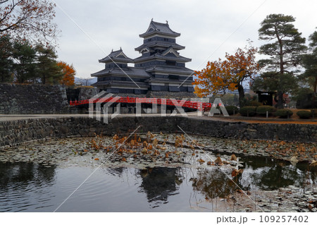 美しき信州長野（秋も終わろうとしている紅葉と蓮の葉の景色が400年の歴史を語る「松本城」）松本市 109257402