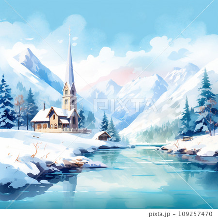 【AI生成画像・AIイラスト】雪の中の教会 109257470