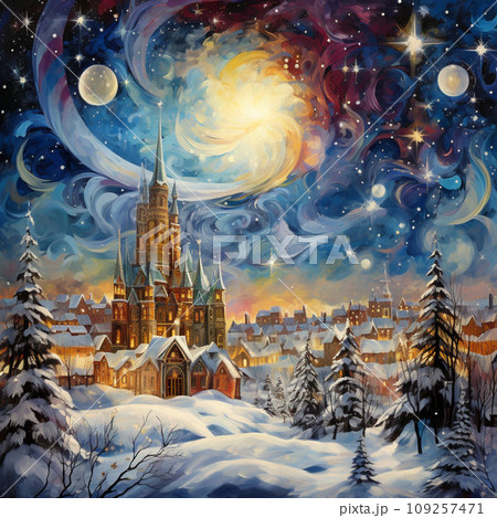【AI生成画像・AIイラスト】ファンタジーな雪の街 109257471