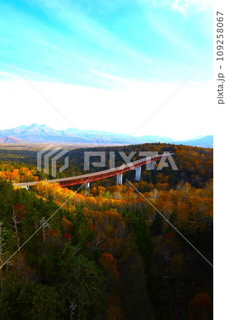 燃える秋、錦秋の北海道、十月、層雲峡の紅葉を、黒岳を眺めながらの三国峠へ 109258067
