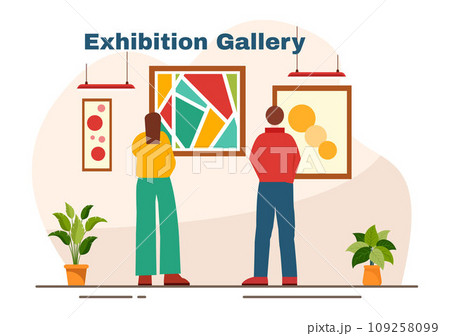 Exhibition Visitors Viewing a Gallery with Modern Abstract Painting at Contemporary in Exposition Hall in Flat Cartoon Background Vector Illustration Exhibition Visitors Viewing a Gallery with Modern Abstract Painting at Contemporary in Exposition Hall in Flat Cartoon Background Vector Illustration 109258099