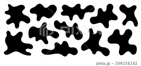 Abstract organic shapes collection. Irregular liquid forms set. Black amoeba blobs, blotches, drops or stains bundle. Different design elements for decor, sticker, banner, bubble, collage. Vector pack 109258182