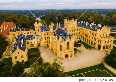 Aerial view on the medieval castle Lednice. South Moravian region 109258189