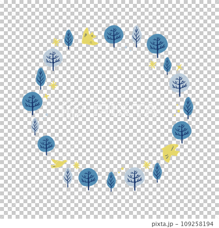 樹と鳥のナチュラルイラストサークルフレーム_ブルーイエロー 樹と鳥のナチュラルイラストサークルフレーム_ブルーイエロー 109258194