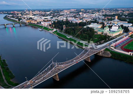 Summer aerial view of Tver on Volga river at dusk 109258705