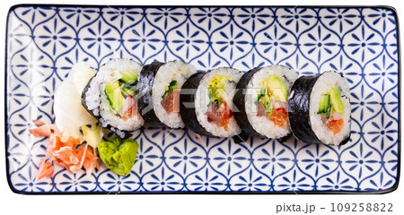 Japanese roll futomaki with soy sauces Japanese roll futomaki with soy sauces 109258822