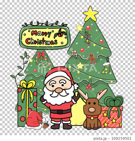 Cartoon Merry Christmas with Santa Claus Reindeer Gift Box and Christmas tree Cartoon Merry Christmas with Santa Claus Reindeer Gift Box and Christmas tree 109259501