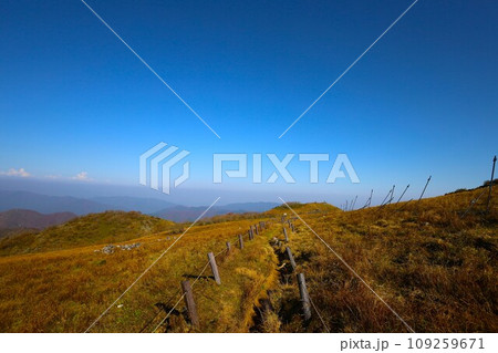 十一月、秋深まる紅葉の伊吹山、近畿と東海を挟む独立峰、澄み切った秋の空、天下分け目の関ケ原を眺める 十一月、秋深まる紅葉の伊吹山、近畿と東海を挟む独立峰、澄み切った秋の空、天下分け目の関ケ原を眺める 109259671