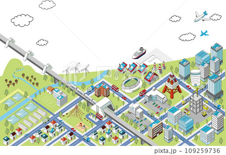 自然と調和する海沿いの街並みの俯瞰イラスト（白背景） 109259736