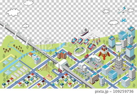 與自然和諧相處的海濱城鎮景觀的俯視圖（白色背景） 109259736