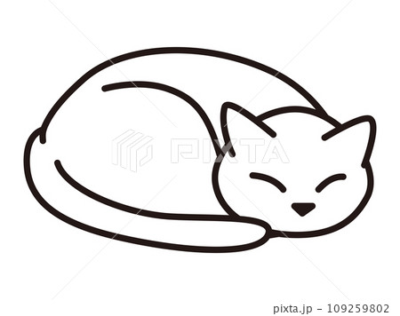 丸くなって幸せそうに眠る猫　モノクロの線画 109259802