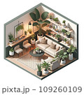 観葉植物に囲まれたリビングのアイソメトリック風イラスト 109260109