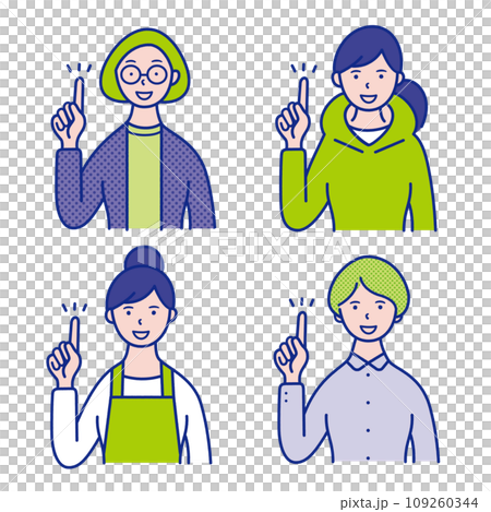 指差しポーズの20代〜40代女性の上半身イラスト素材【セット】 109260344