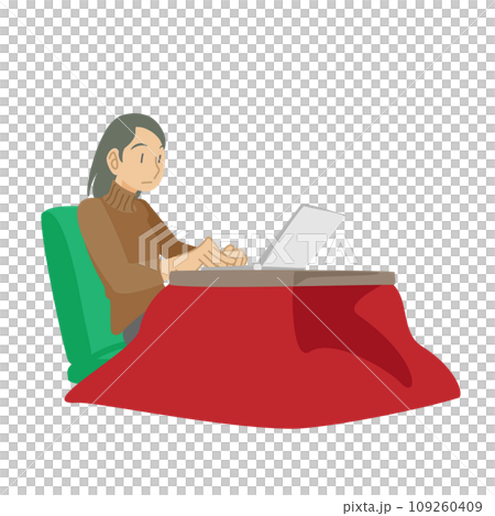 A woman typing a report into a laptop at a kotatsu 109260409