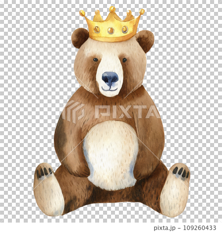 Watercolor drawing of cute brown bear wearing crown, transparent background 109260433