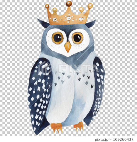 Watercolor drawing of cute owl wearing crown, transparent background 109260437