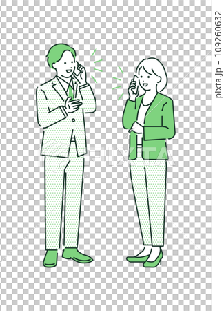 Vector illustration of a businessman and businesswoman talking on a smartphone. Whole body. Vector illustration of a businessman and businesswoman talking on a smartphone. Whole body. 109260632