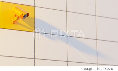 Yellow Security CCTV camera. Scan the area for surveillance purposes. Space on the side for text entry. Minimal idea concept. 109260761