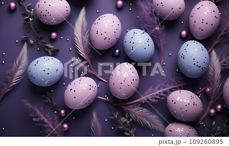 lavender background with blue eggs and lavender, 109260895