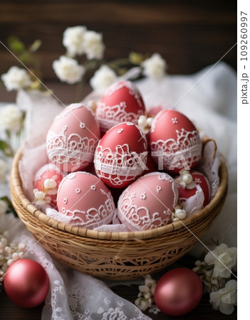 red dyed easter eggs in basket with greenery, 109260997