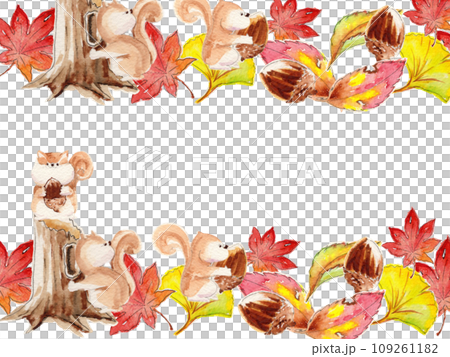 Hand-painted watercolor squirrel and fallen leaves frame Hand-painted watercolor squirrel and fallen leaves frame 109261182