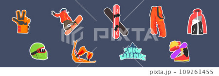Snowboarding Sticker as Extreme Mountain Sport Vector Set Snowboarding Sticker as Extreme Mountain Sport Vector Set 109261455