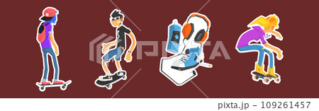 Skateboard Modern Colorful Sticker as Active Street Sport Vector Set Skateboard Modern Colorful Sticker as Active Street Sport Vector Set 109261457
