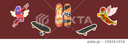 Skateboard Modern Colorful Sticker as Active Street Sport Vector Set Skateboard Modern Colorful Sticker as Active Street Sport Vector Set 109261458