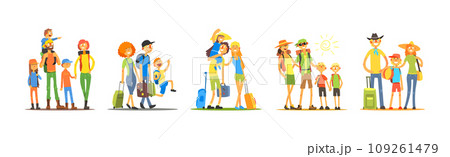 Happy Family on Summer Vacation with Kids and Suitcase Vector Set Happy Family on Summer Vacation with Kids and Suitcase Vector Set 109261479